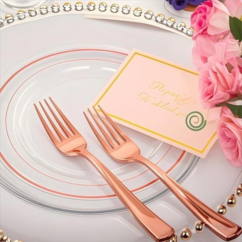 I00000 72 Pcs Rose Gold Plastic Dessert Plates7.5& 70 Pcs Plastic Forks7.4, Premium Salad Plates, Heavy Duty Disposable Plate for Party,Disposable Appetizer Plates Great for Wedding - Image 2